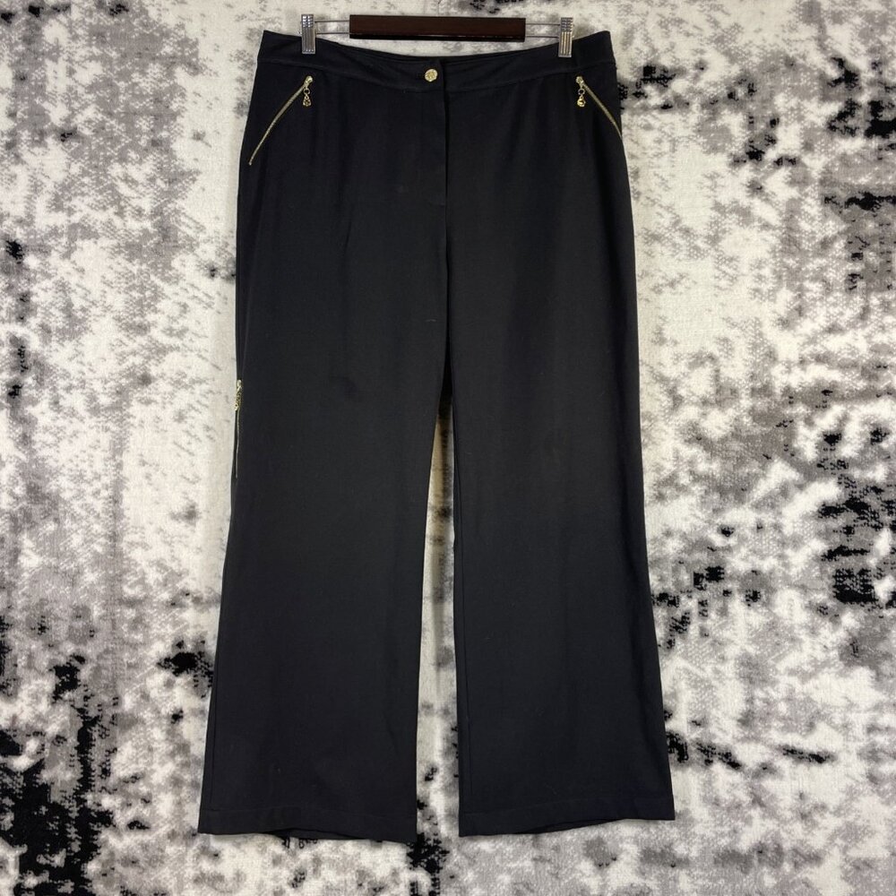 St John Sport‎ Marie Gray Pants Womens Size 16 Black Wide Leg Gold Hardware